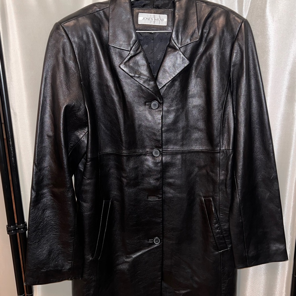 Jones Wear Black Genuine Leather Jacket Classic Design - Trench Like